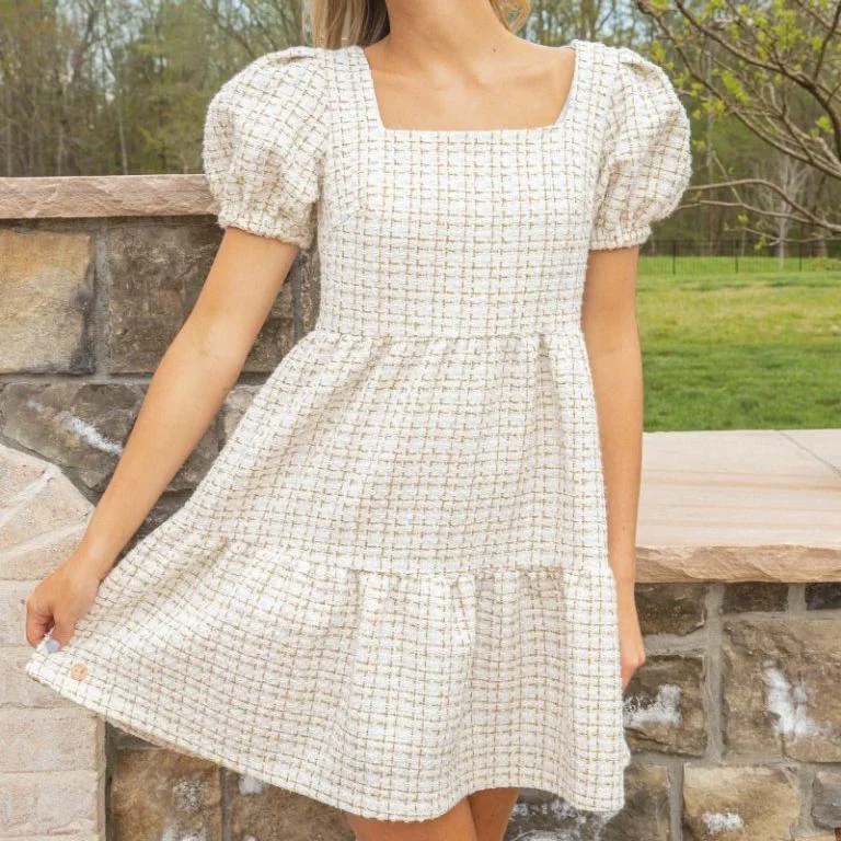 Simply Southern Tweed Puff Sleeve Dress Square Neckline Feminine