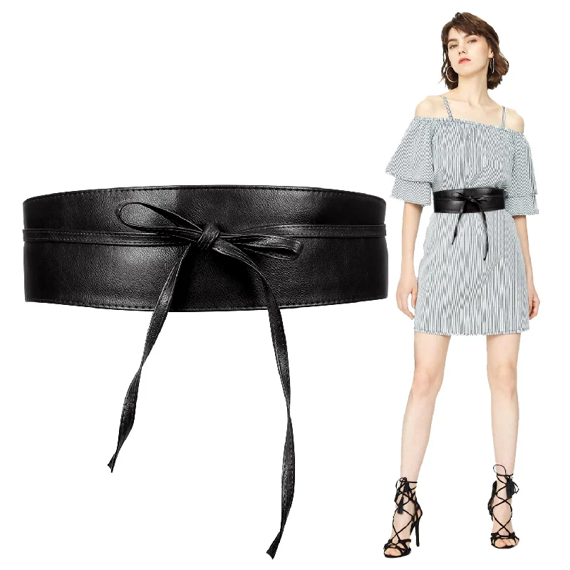 Women Halloween Faux Leather Obi Belt, JASGOOD Wide Self Tie Wrap Fashion Belt for Dress Halloween Costume Tunics Chinos classic