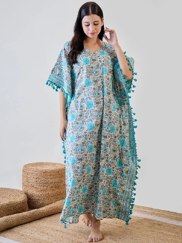 Women's Blue Cotton Floral Nightdress - The Kaftan Company Tunics Modern contemporary
