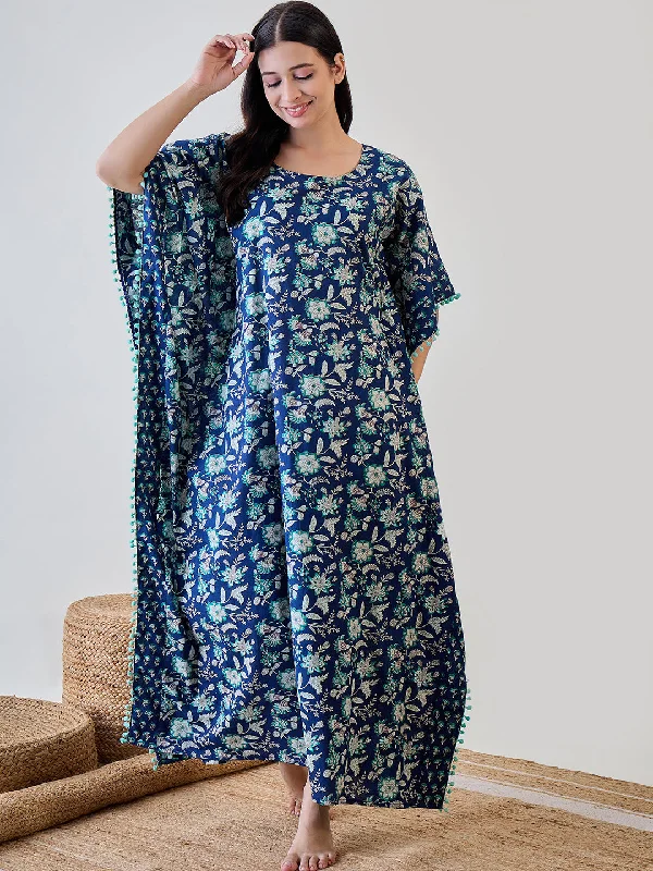 Women's Blue Cotton Floral Nightdress - The Kaftan Company Tunics Evening elegant