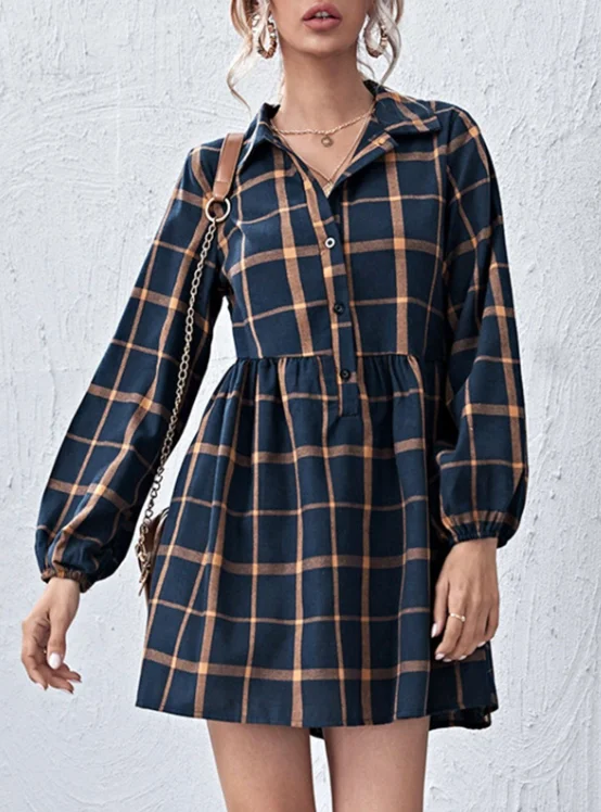 Ladies Navy V Neck Plaid Prints Buttons Casual Sweet Dress Tunics Stylish elegant