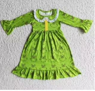 6 A14-30  Christmas Green Cartoon Lace Collar Girls Long Sleeve Dresses Tunics Top rated