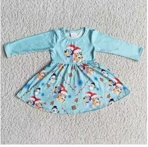 6 A20-27 Christmas Blue Dog Cartoon  Girls Long Sleeve Dresses Tunics Trendy modern