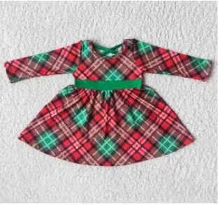 Clearance 6 A8-19 Christmas Green Red Plaid  Girls Long Sleeve Dresses Tunics Bridal satin