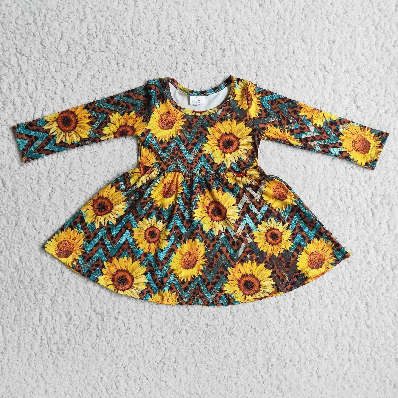 Clearance 6 B3-22 Cute Sunflower Print Girls Long Sleeve Dresses Tunics Office stylish