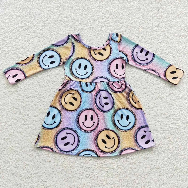 GLD0200 Blue Yellow Emoji Smile Cartoon Girls Long Sleeve Dresses Tunics Sophisticated sleek GLD0200 Blue Yellow Emoji Smile Cartoon Girls Long Sleeve Dresses Tunics Sophisticated sleek