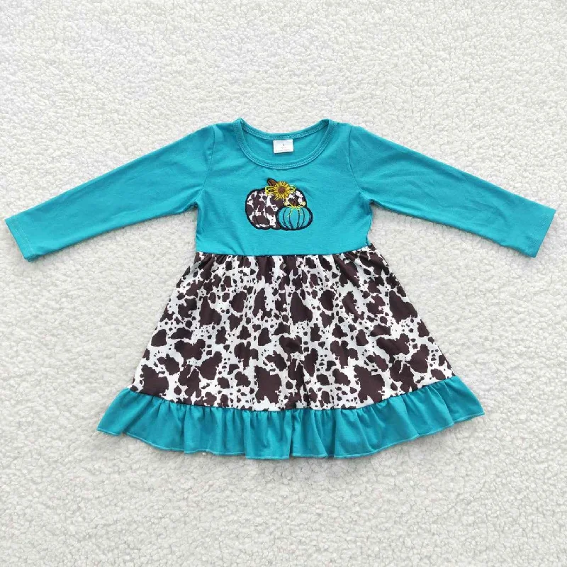 GLD0211 Pumpkin turquoise long-sleeved dress with ink pattern embroidery Tunics Winter warm