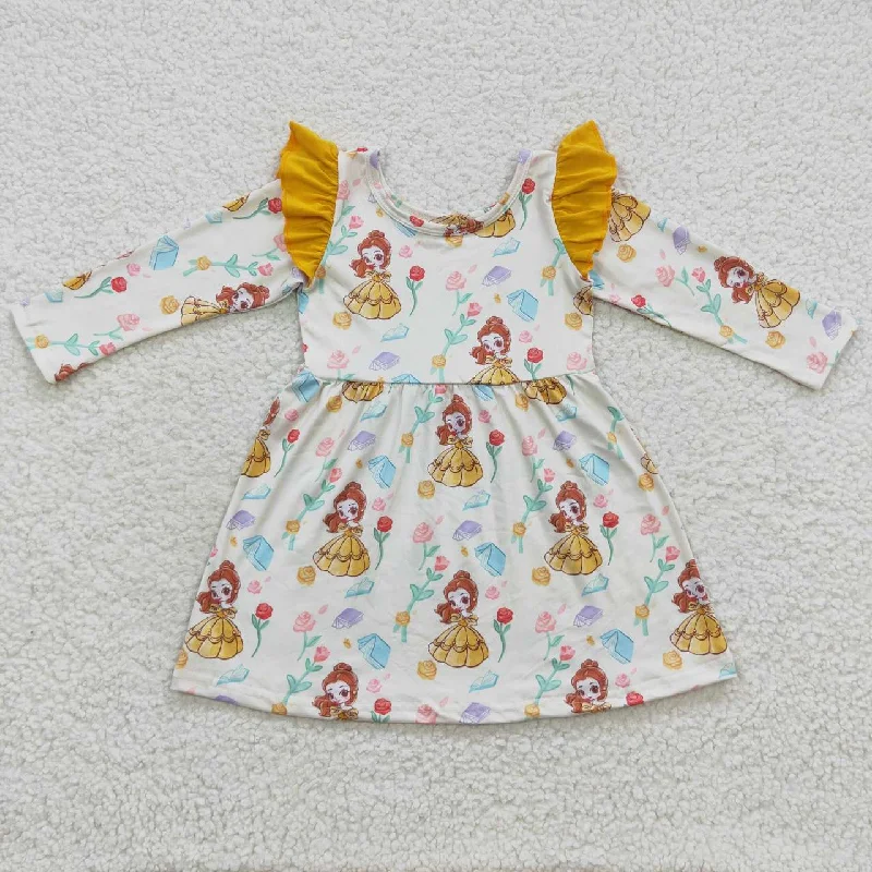 GLD0250 Cartoon Princess Flower Yellow Lace Long Sleeve Dress Tunics Wedding white