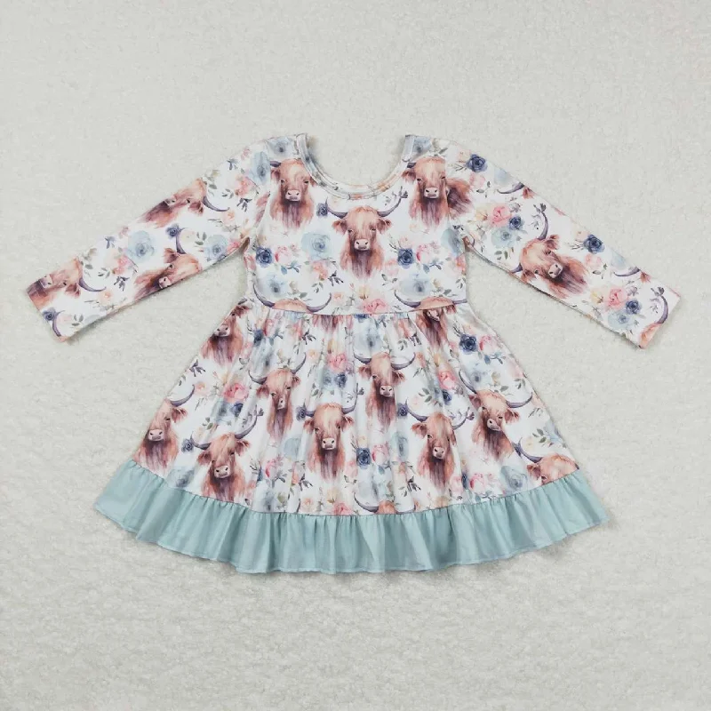 GLD0412 Alpine bull Head flower blue lace long-sleeved dress Tunics Recommended stylist