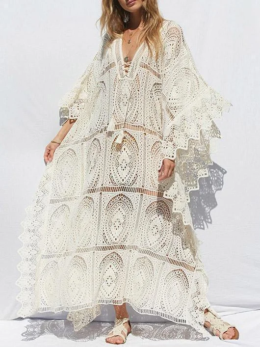 Lacy Split-joint V-neck Maxi Cover-up Dress Tunics Handmade artisanal