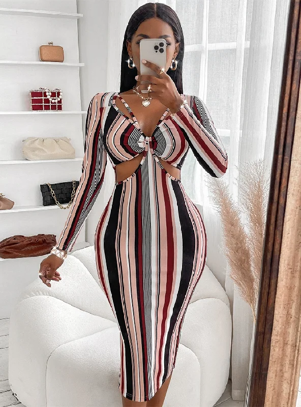 Chest-wrapped Striped Long-sleeved Dress Tunics Short Trendy