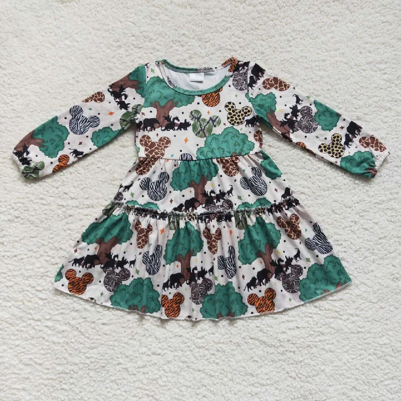 Long sleeve girl animals forest cartoon dress Tunics Formal black