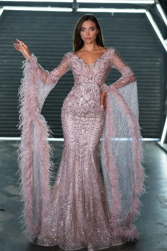 Portia and Scarlett PS24938E Long Draping Sleeve Sequin Rose Gold Sequin Evening Dress Tunics Modern contemporary Portia and Scarlett PS24938E Long Draping Sleeve Sequin Rose Gold Sequin Evening Dress Tunics Modern contemporary