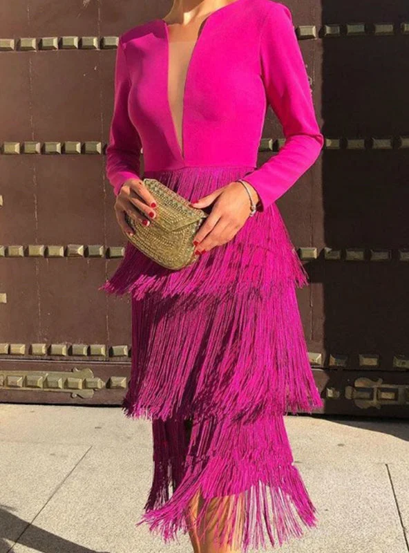 Tassel Design Deep V Neck Long Sleeve Bodycon Dress Tunics Bestseller popular