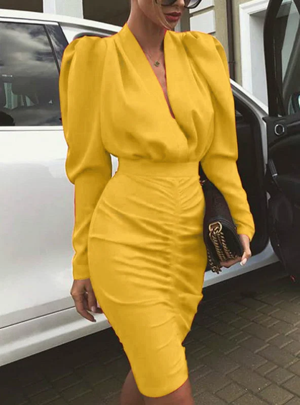 Women Long Sleeve V-neck Slim Waist Ruched Bodycon Dress Tunics Luxurious premium